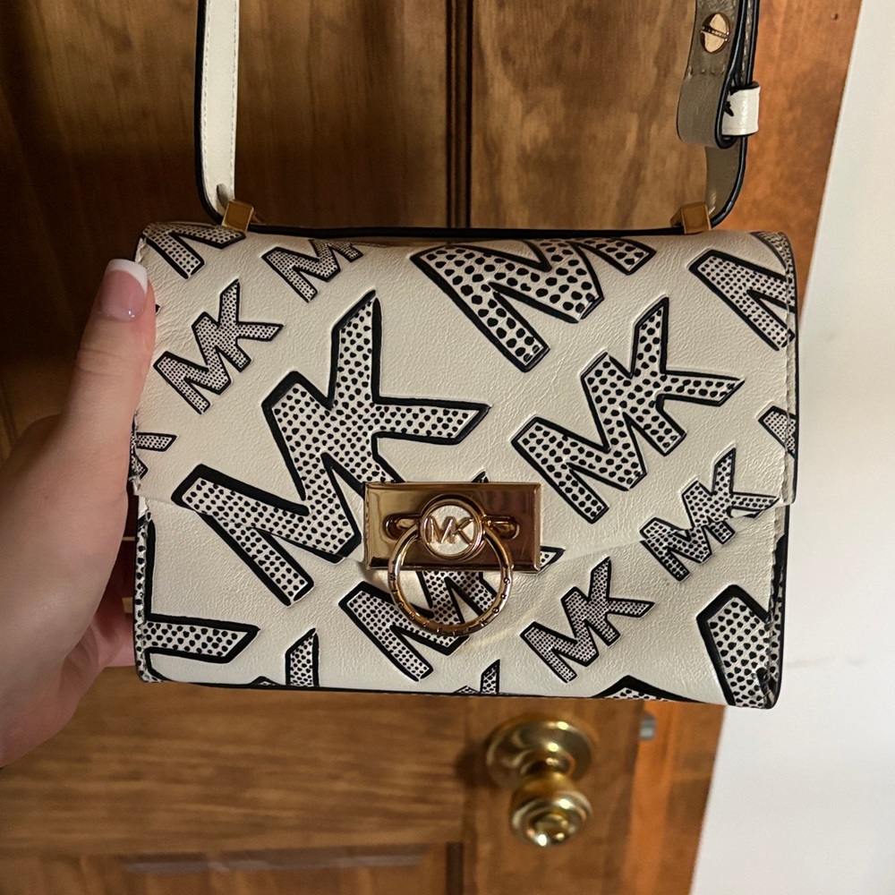 Michael Kors Cream/Black MK Logo Crossbody with Gold Hardware